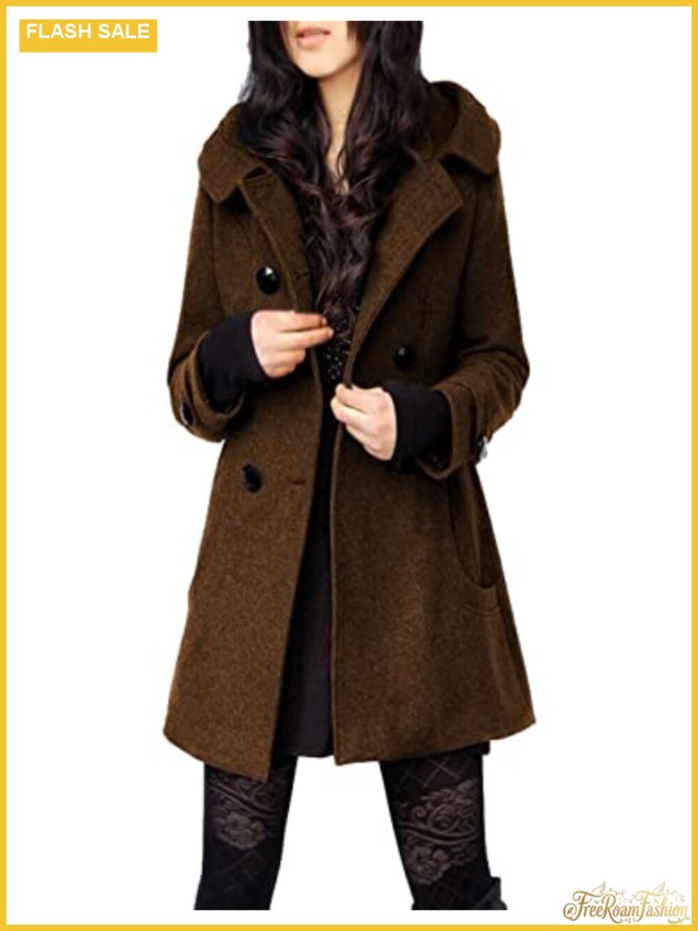 Women's Wool Blend Hooded Peacoat Mid-Length Double-Breasted Winter Coat
